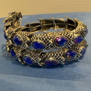 Dragon bracelet silver tone wrap style blue faceted Lucite Rhinestone
